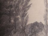 a black and white drawing of a river with trees in the background