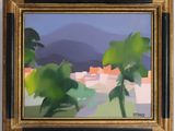 an oil painting of a landscape with trees and mountains in the background
