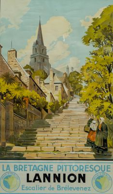 painting of a couple walking down a street with a church in the background