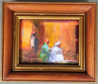 une peinture à l'huile représentant un couple assis sur un banc dans une pièce