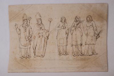 drawing of a group of men and women standing in front of a wall