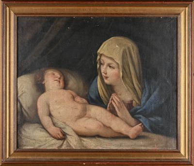 une image d'une peinture représentant une femme tenant un bébé sur ses genoux