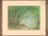 an image of a painting of a path through a forest