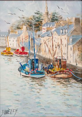 une peinture de bateaux sur l'eau dans un port