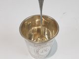 a silver cup with a spoon in it on a white surface