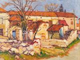 une peinture à l'huile représentant une maison avec un arbre devant