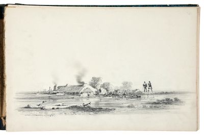 an old book with a drawing of a village on a river