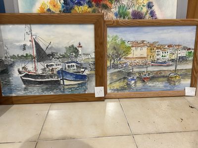 B. Davy, deux aquarelles sur papier, bateaux au port SBG, 29…