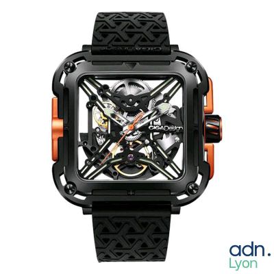 a picture of a black and orange watch on a white background