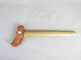 a close up of a knife with a wooden handle on a white surface