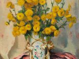 painting of yellow flowers in a vase on a table with a pink cloth