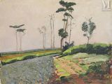 l'image d'une peinture représentant un chemin de terre avec des arbres en arrière-plan