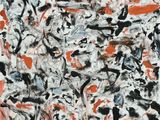 une peinture abstraite réalisée à la peinture noire et orange sur fond blanc