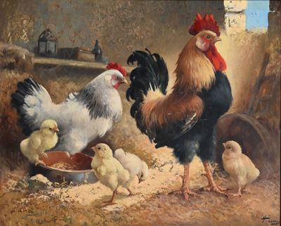 a painting of chickens and chickens in a barn