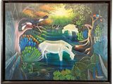 un tableau représentant des zèbres et des oiseaux dans la jungle