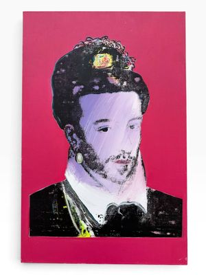 an image of a painting of a man in a tuxedo on a red background