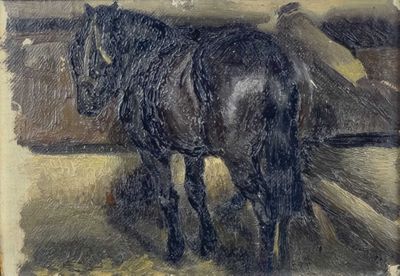 un tableau représentant un cheval debout dans une grange