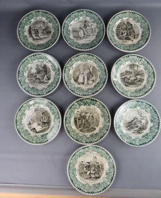 a set of six green and white plates with pictures of people on them
