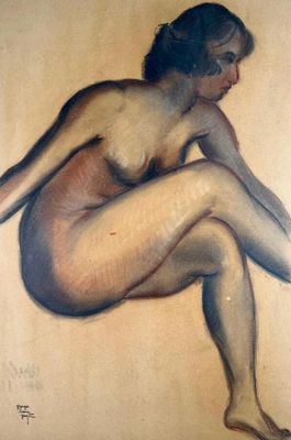 une image d'un tableau représentant une femme nue assise sur le sol