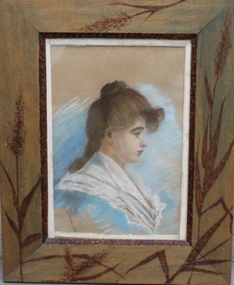 painting of a woman in a blue dress in a wooden frame
