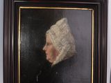a painting of a woman in a bonnet on a wall next to a clock