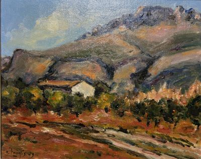 peinture représentant un paysage de montagne avec une maison au premier plan