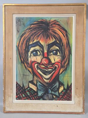 painting of a clown with a red nose and a bow tie in a wooden frame