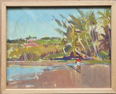 un tableau représentant une personne marchant sur la plage