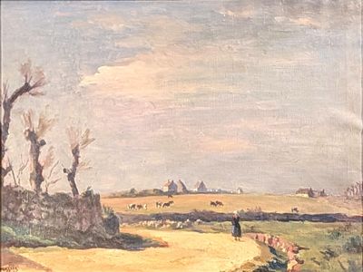 painting of a landscape with a person walking in the distance