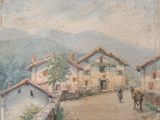 painting of a village scene with a horse and carriage in the foreground
