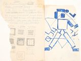 an old book with a drawing of a robot on it and a piece of paper with a drawing of a robot on it