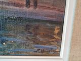 a painting of two people walking on the beach