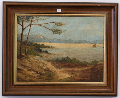 a painting of a landscape with trees and a boat in the water