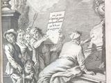 an old book with a drawing of a man holding a sign