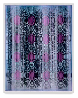 a blue and purple painting with circles on a white background