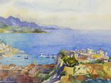 watercolor painting of a view of a small town on the coast