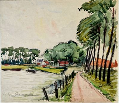 une aquarelle représentant une rivière et une route