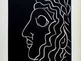 a black and white drawing of a woman ' s face on a black background