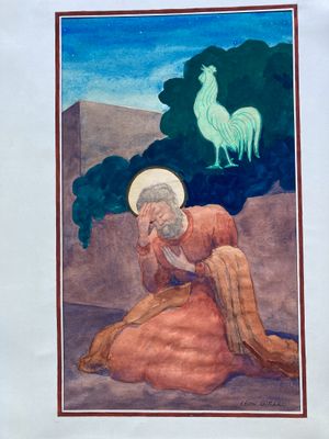 an image of a painting of a woman kneeling down with a horse in the background