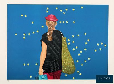 a painting of a woman with a bag and stars in the sky