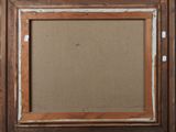 an old picture frame with a brown background and white trim