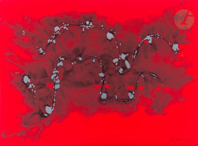 an image of a painting of a red background with black and white dots