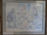drawing of a group of people sitting around a table in a room