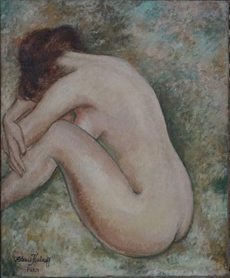 une peinture à l'huile représentant une femme nue assise par terre