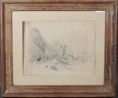 une vieille photo représentant un paysage de montagne, dans un cadre en bois