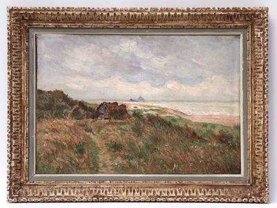 une image représentant un tableau d'une maison située sur une colline surplombant l'océan