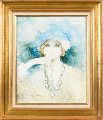 tableau représentant une femme portant un chapeau bleu, des perles et un collier de perles