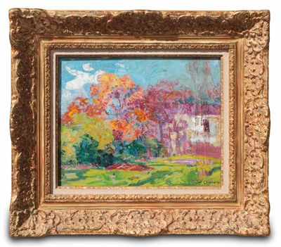 a painting of a painting of a house in a field