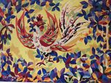une photo d'une tapisserie colorée sur laquelle figure un coq