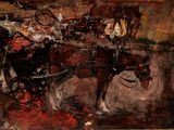 a painting of a horse drawn carriage being pulled by a man
